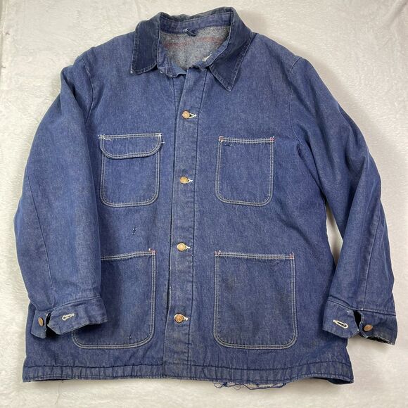 Vtg 60s Wrangler Denim Chore Jacket Coat Blanket Lined Western 48 Distressed - Picture 1 of 16